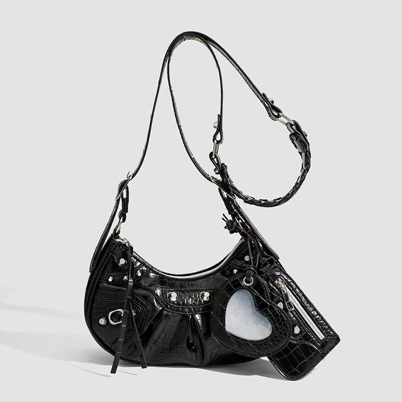 Fashion Accessorie Women's Black Spice Girl Locomotive Bag Tide Niche Premium Sense Versatile Rivet Shoulder Crossbody Bag