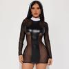 Autumn 2023 European & American Women's Mesh Spliced PU Leather Dress