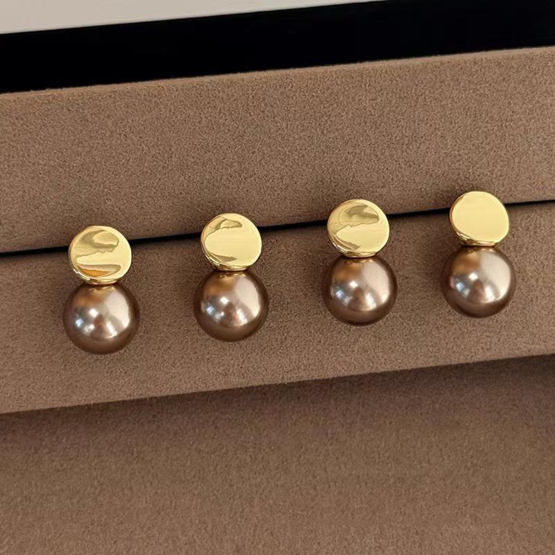 Champagne Round Sequin Pearl Retro Earrings for Women - High-End Niche Design Versatile Studs