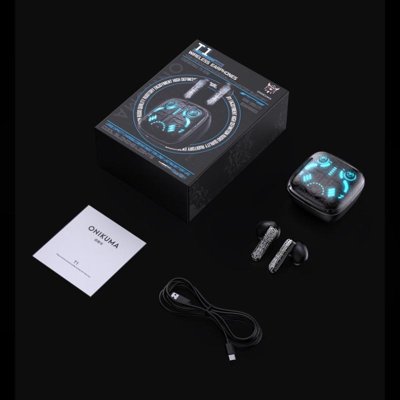 ONIKUMA T1 TWS Wireless Gaming Headphones, Headphones with RGB Touch Control, Four Light Modes, Dual Microphone, ENC Call Noise Cancellation