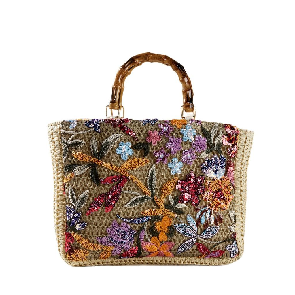2026 Luxury Sequins Embroidery Large Tote Bags New Fashion Bamboo Handle Women Handags Lady Woven Straw Flower Summer Beach Bag