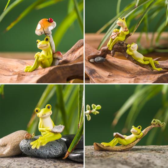 Tegneserie Frosk Figur Resin Sopp Lesende Liggende Gitar Frosk Statue Skulptur Innendørs Utendørs Hage Blomsterpotte Dekorasjon Ornament