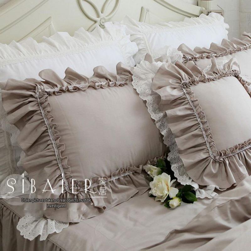 Korean Style Princess Embroidery Lace Trim Ruffle Pillowcase Pair for Single/Double Bed - Xinjiang Cotton (2026)