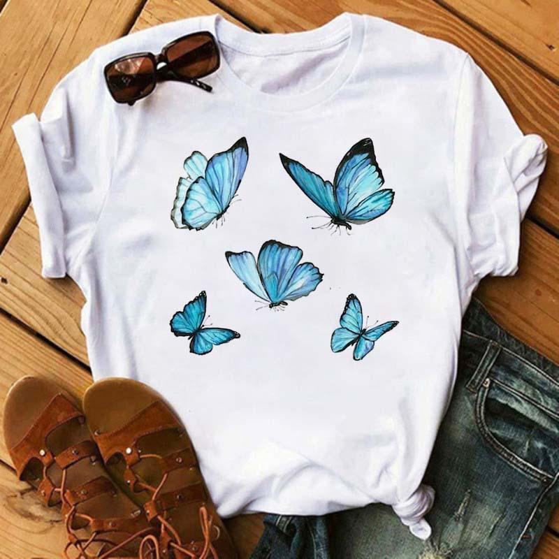Summer Butterfly Print Plus Size Loose Round Neck Pure Cotton Short Sleeved Top T-Shirts Women’s Tees