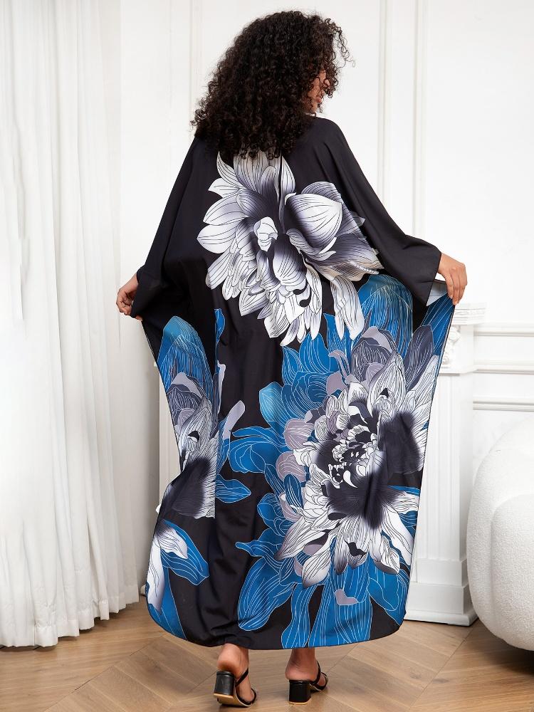 EDOLYNSA Versatile Blue Women's Kaftan Robe Light jacket Caftan Bathrobe Vacation Long Dress Hot Selling Lounge around Outfit Q1289