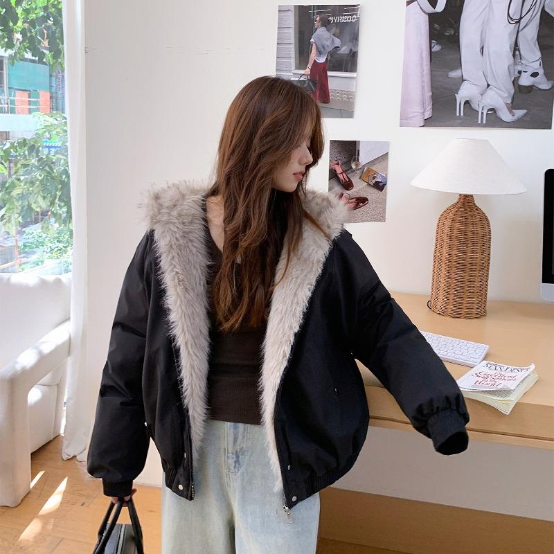 Hip-hop wind fur collar jacket women's winter small man thickened hooded cotton-padded coat design sense short cotton-padded clothes