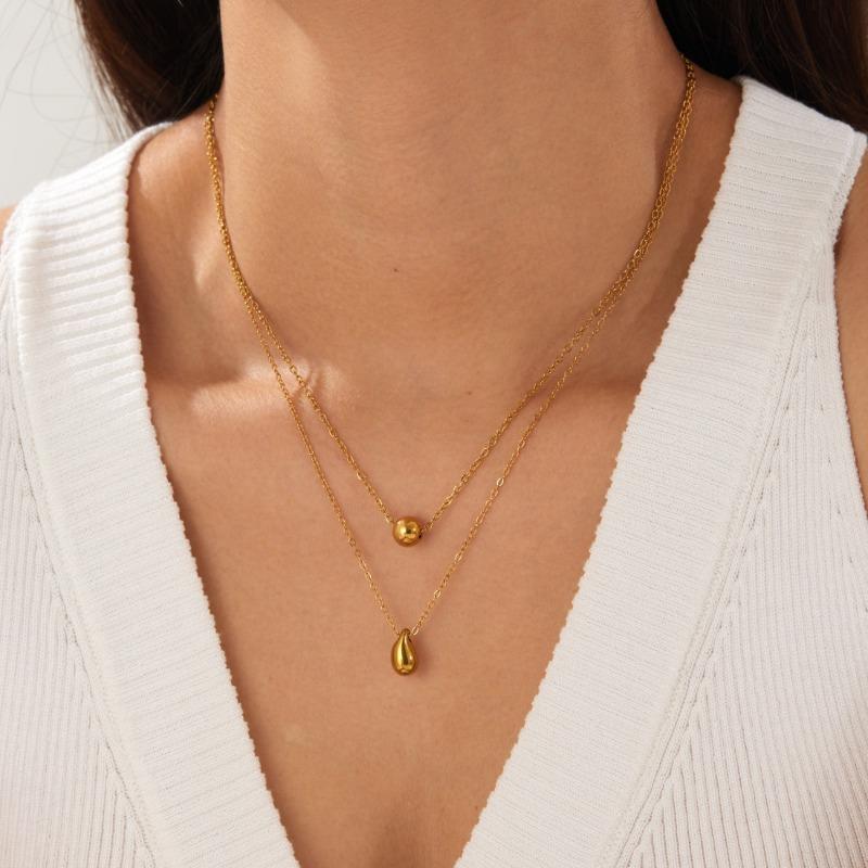 Gold Plated Double Layer Ball Teardrop Necklace, Stainless Steel Minimalist Choker, Waterproof Dainty Jewelry for Women Gift