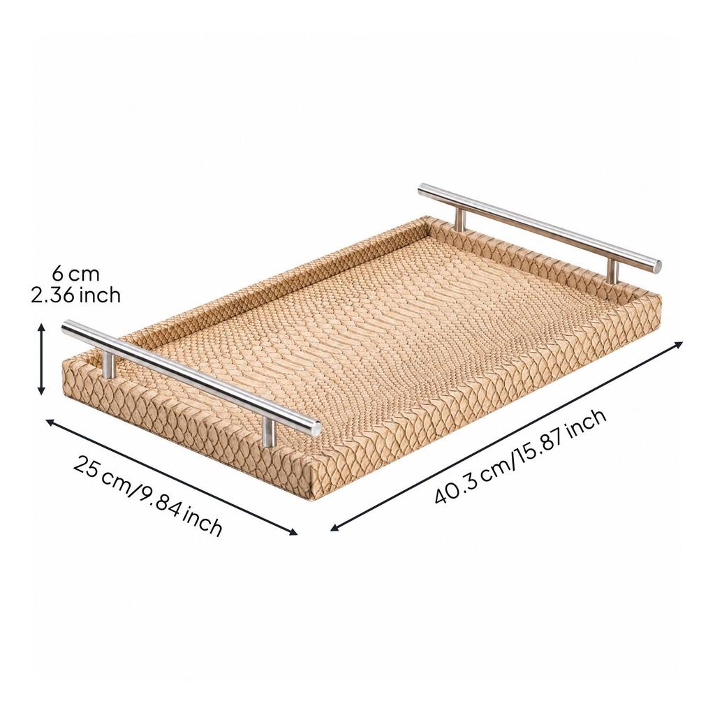 Embossed Leather Tray with Raised Edge Versatile Rectangular Decorative Handles Elegant