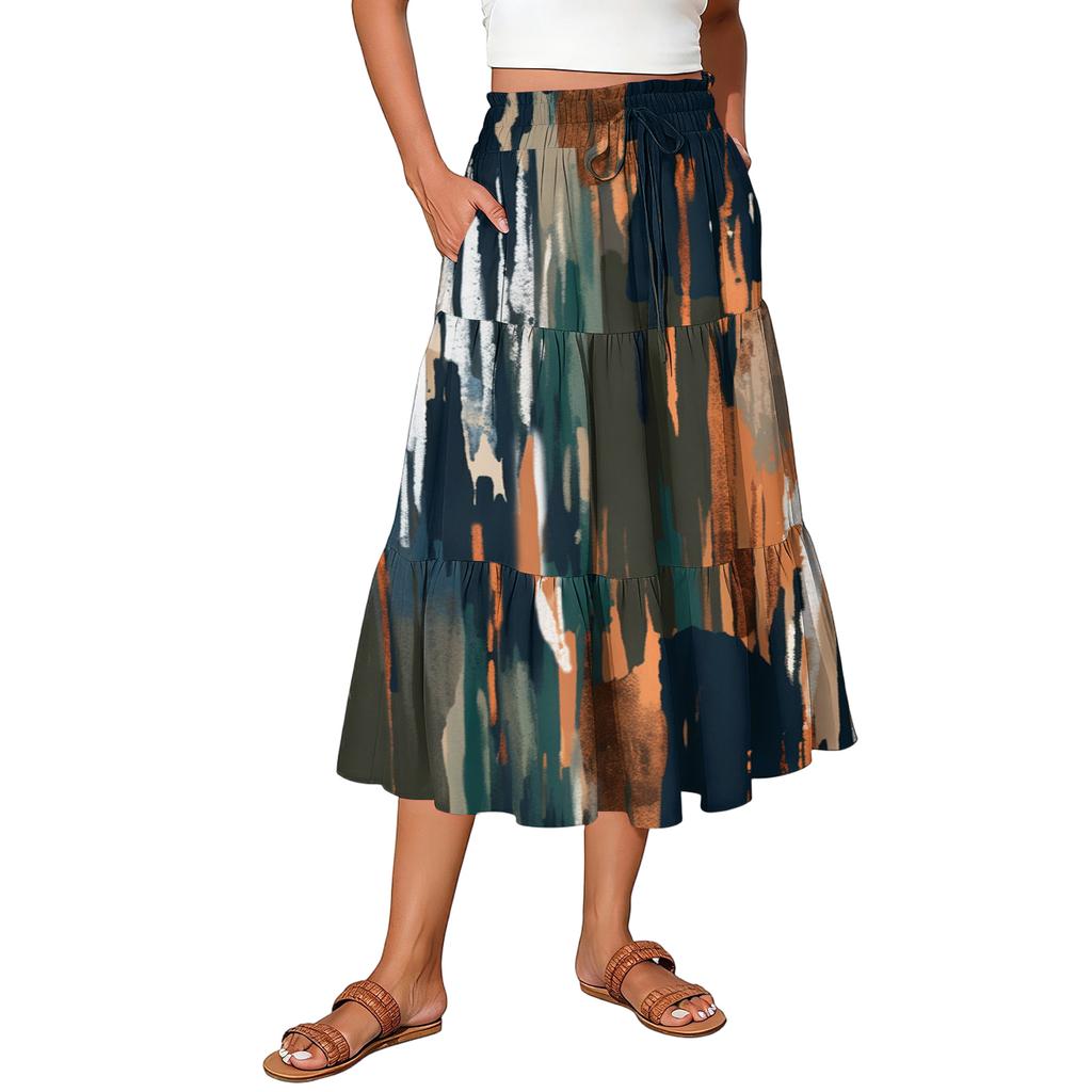 Womens Maxi Skirt Drawstring High Waisted Summer Long Skirts Lightweight Tiered Flowy Floral Pleated Skirts