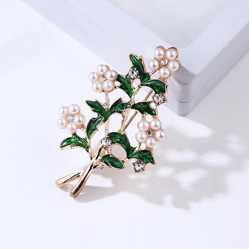 Vintage Green Leaf Brooch With Pearl And Rhinestone For Women Fashion Accessory