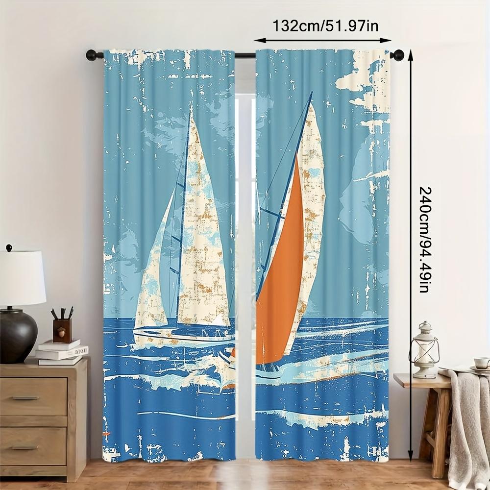 2D Flat   2pcs 2D Flat Printing Nautical Grunge Style Racing Sailboats In A Windy Ocean Water Print Printed Curtains   Rod Pocket