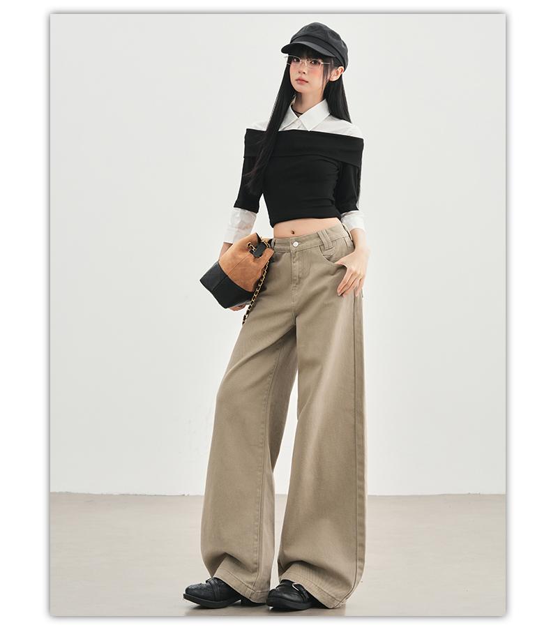 Romon Autumn/Winter Jeans Women's American Khaki High Waist Straight Tube Versatile Loose Look Thin Wide Legs Floor length Pants
