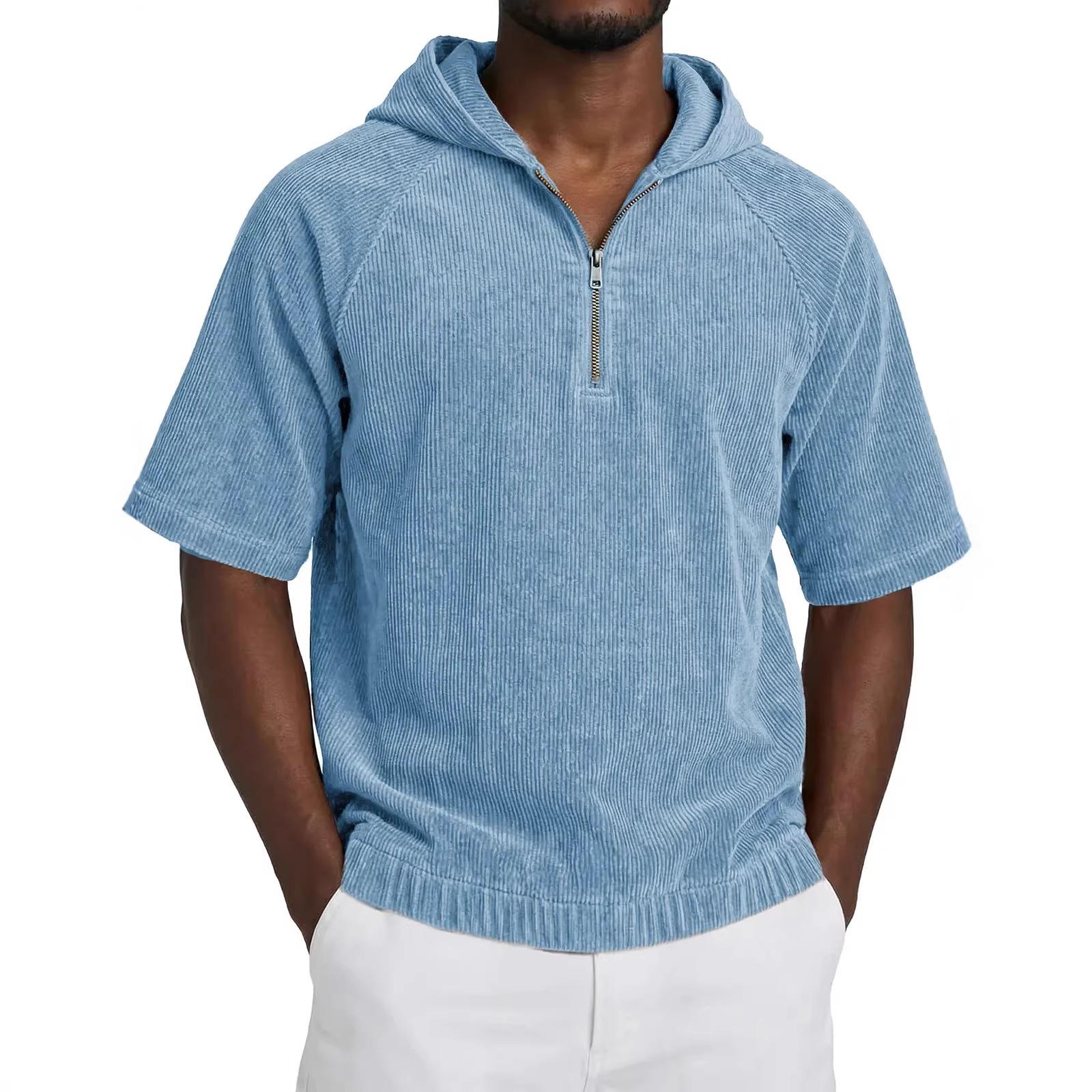 Men S Casual Half Zip Hooded Short Sleeve Corduroy T Shirt S синий