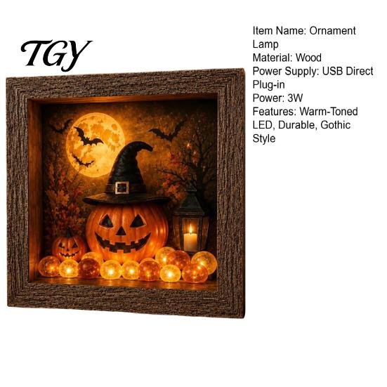 DIY Memory Box Display Lighted Halloween Ghost Shadow Kit, Wooden Frame LED Warm Light, Gothic Decorative Lamp with Crystal Glass Panel, Night
