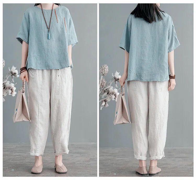 Summer Cotton Linen Short Sleeve Vintage T-shirts Women's Embroidered Loose Slimming Round Neck Retro Oversized Tops