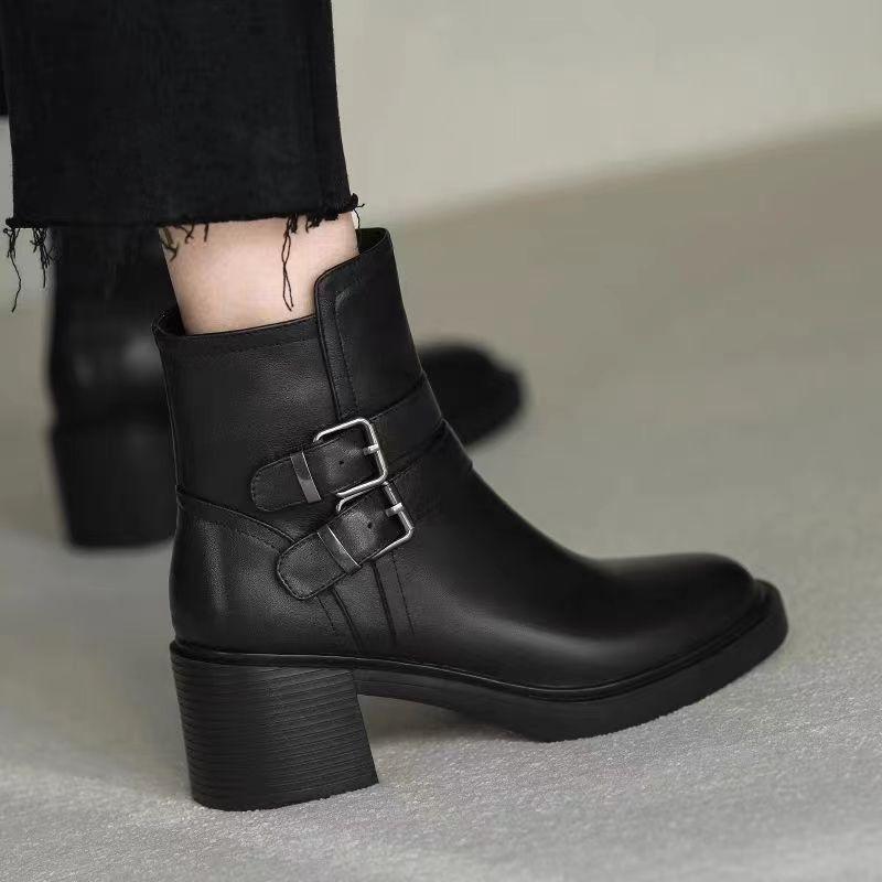 Womens Ankle Boots Fashion Belt Buckle Soft Leather Boots Plush Warm Winter Boots for Women Heel Casual Leather Boot Botas Mujer