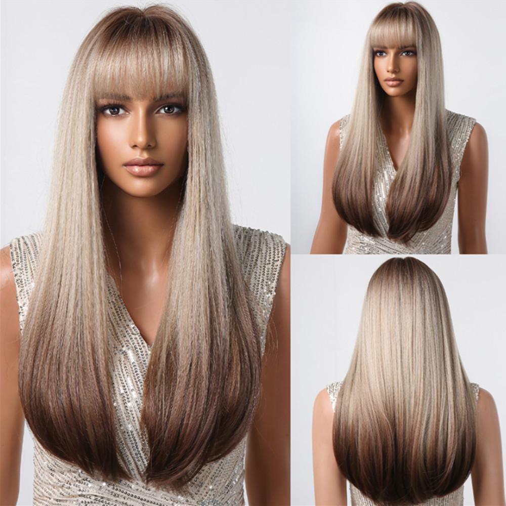 ALAN EATON Black Synthetic Wigs with Bangs Long Straight Black Wig High Temperature Fiber Wig for Daily Cosplay Hair Women Use