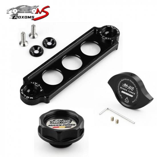JDM Black Engine Oil Filler Cap+ Radiator Cap+ Battery Tie Down For Honda Acura