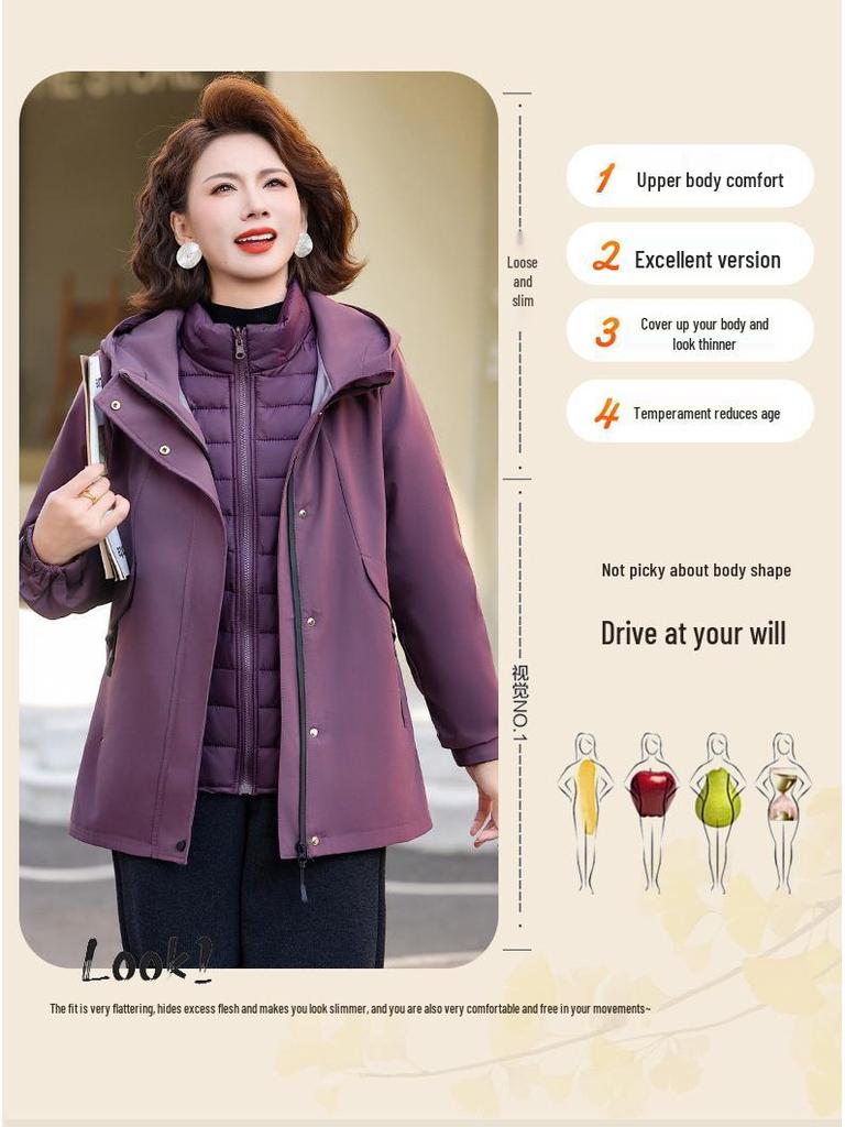 New Style Mom's Winter Detachable Cotton Jacket for Middle-Aged & Elderly Women - Thick Anti-Cold Parka Coat