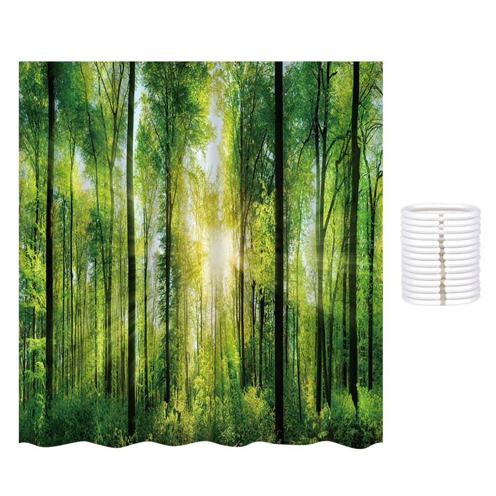 Green Forest Shower Curtain with Hooks 3D Scenery Shower Curtain Waterproof Garden Shower Curtain for Bathroom