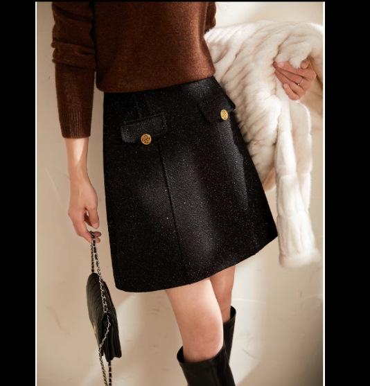 Women Black Wool Glitter Tweed A‑Line Mini Skirt High Waist Short Skirt For Autumn Winter New Arrival