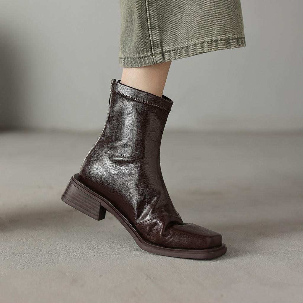 Niche design new retro square head thin short boots women's fashion mid-heel and ankle thin boots British Martin boots