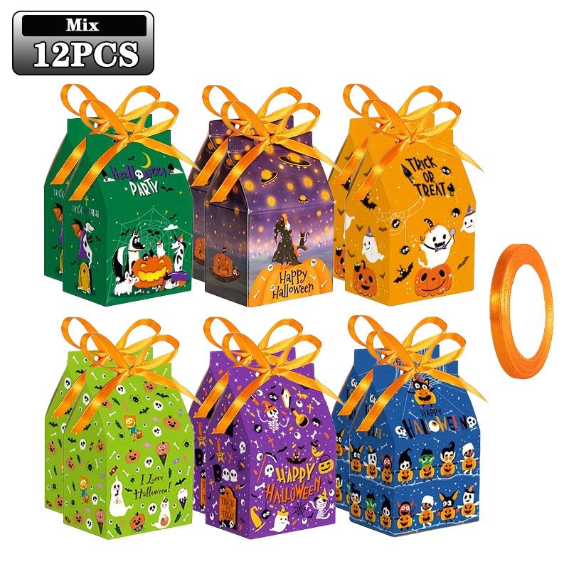

12-120PC Halloween Candy Boxes Cookie Gift Bags with Ribbon Party Favor Packaging Supplies for Kids Treats Halloween Decorations 10.5x7x5cm