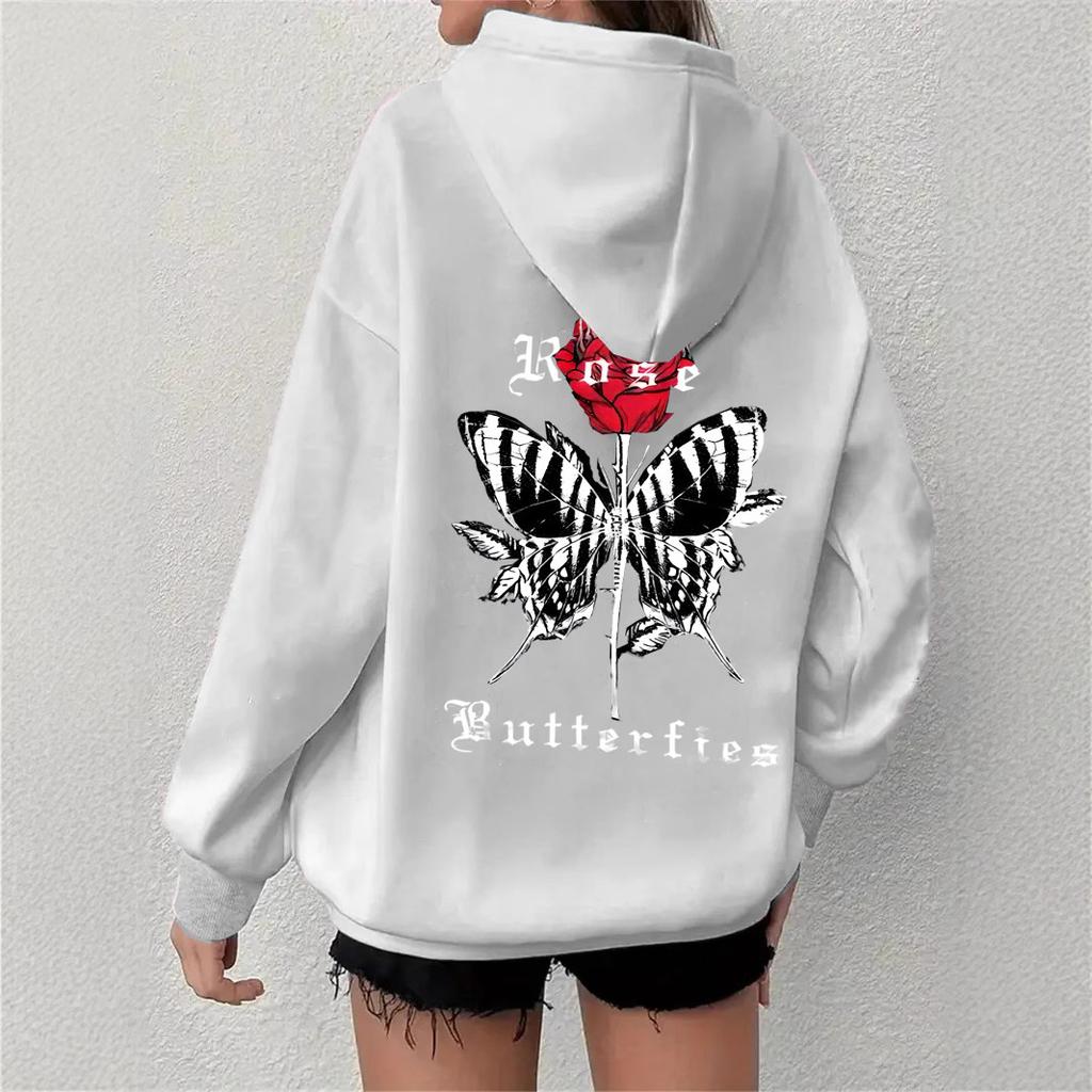 Design Sense Simple Fashion Design Sense Butterfly Rose Printed Hooded Sweater Simple and Versatile