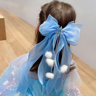 Princess Pompom Hairpins Big Blue Bows Hair Clip for Kids Children Long Ribbon Duckbill Clip Girl School Hairgrips Headwear Gift
