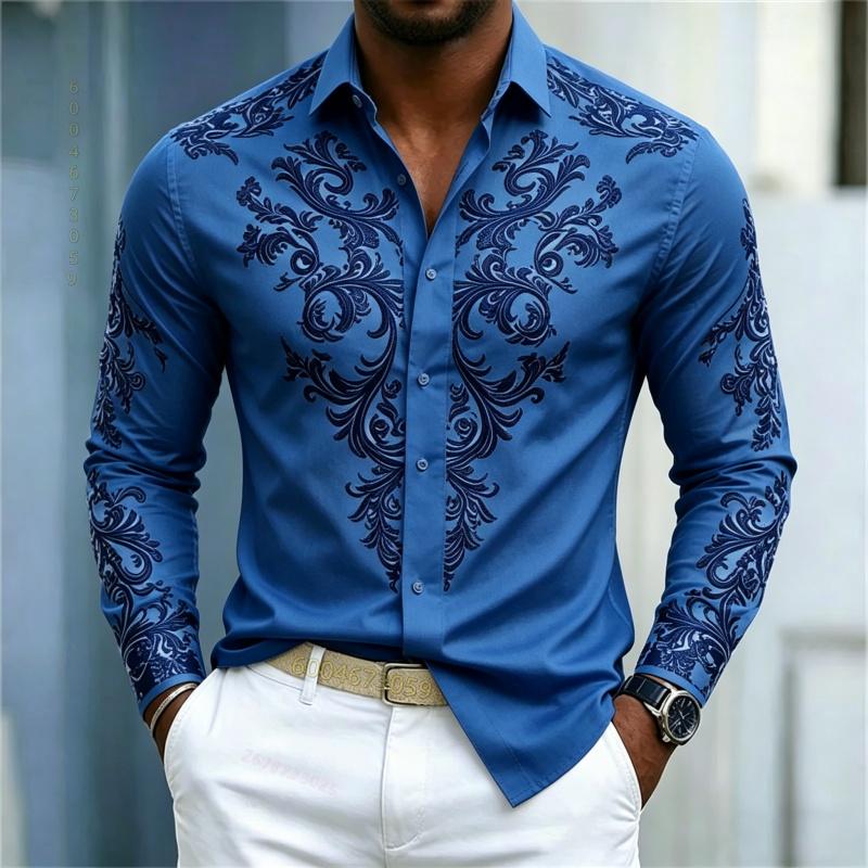 Herrenhemd leichte Luxus weiß blau bedrucktes Hemd Retro