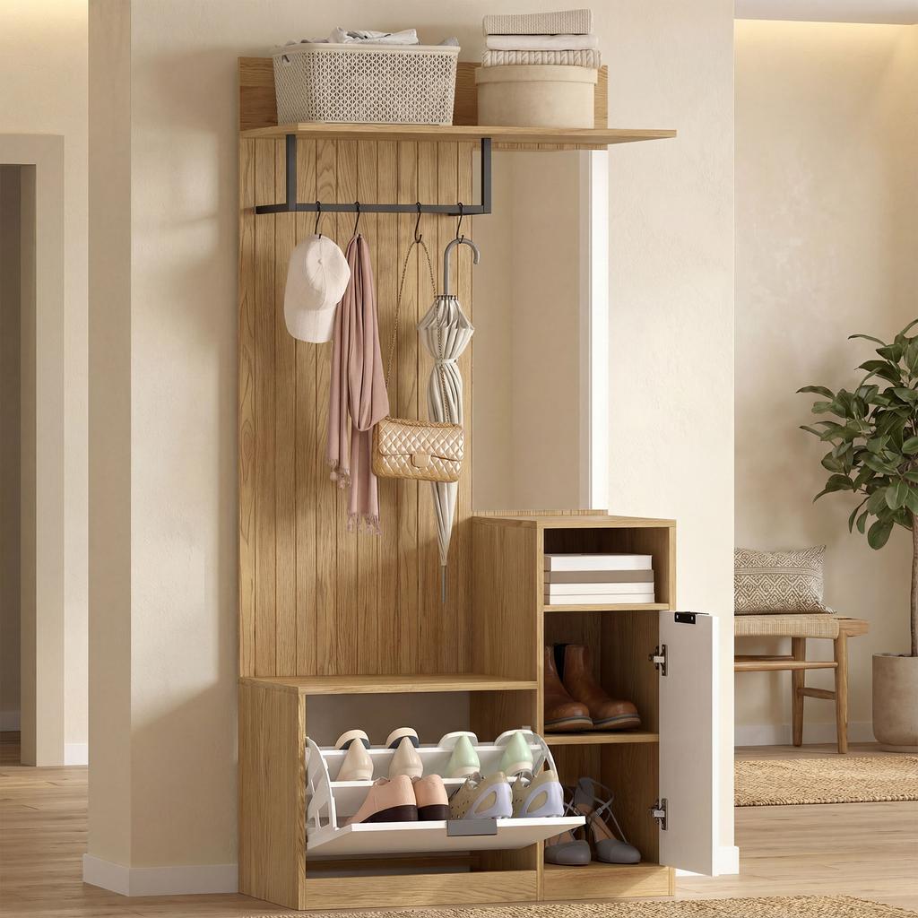 6-in-1 Entryway Furniture, Hallway Coat Rack with Foldable Shoe Bench, Mirror, 80x36x168cm, Oak