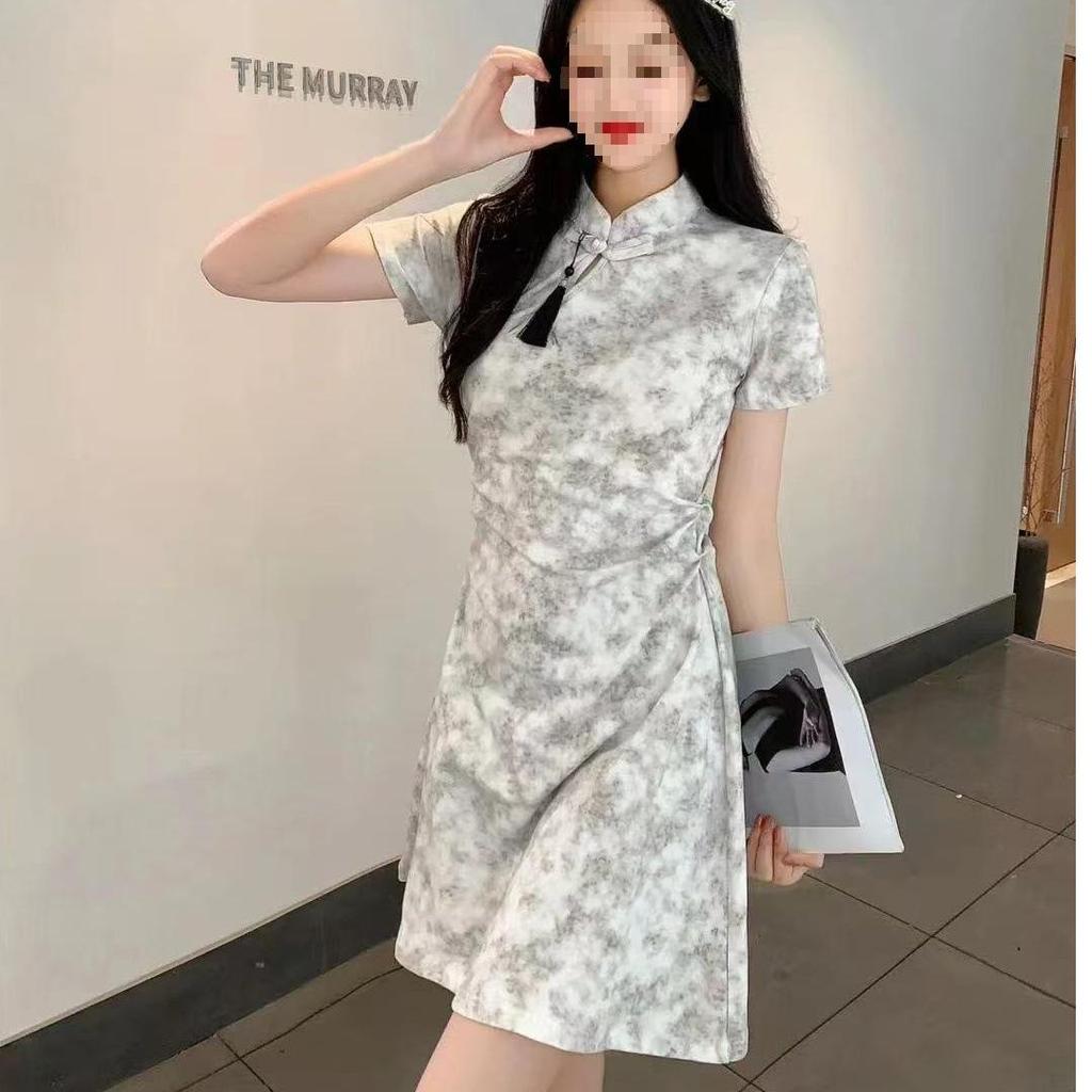 Summer Cheongsam-Style Frog Button Tie-Dye A-Line Dress with Stand Collar for Women
