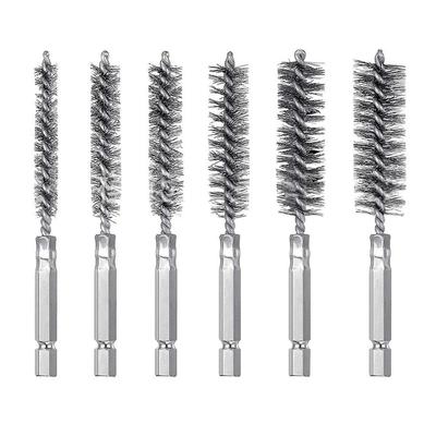 1/6Pcs Stainless Steel Steel Bore Brush With Handle 1/4 6.35mm Hex Shank Twisted Wire Borebrush Washing Polishing Tools 8-19mm