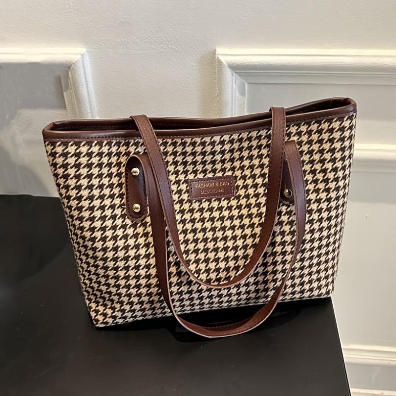 Casual Houndstooth Print Tote Bag, Large Capacity Shoulder Purse with Brown Leather Straps, Versatile for Everyday Work Outings