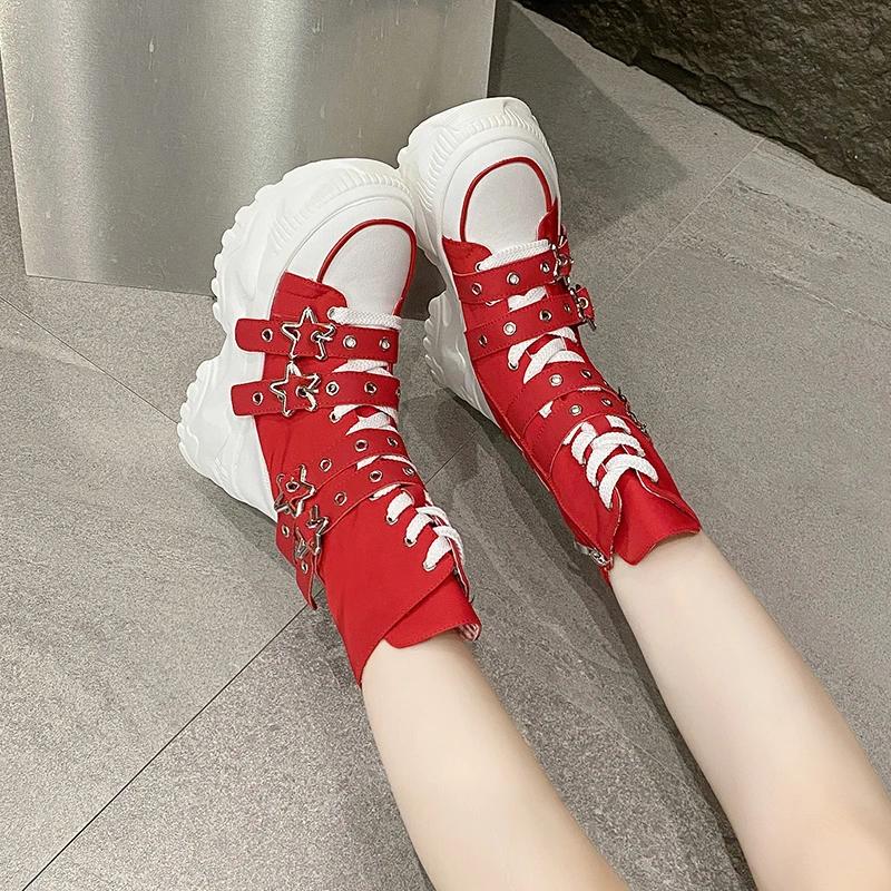 Fashion Rock Shoes Woman Luxury Designer Flat Heel Boots-Women Round Toe Fashion 2025 Ladies Autumn Med Ankle Slip-On Cotton Fabric