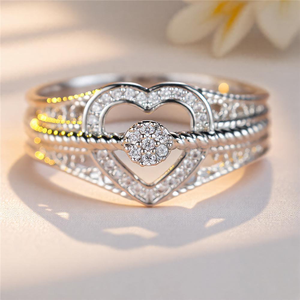 Cute Female White Zircon Stone CopperColor Wedding Jewelry Promise Engagement Love Heart Rings For Women