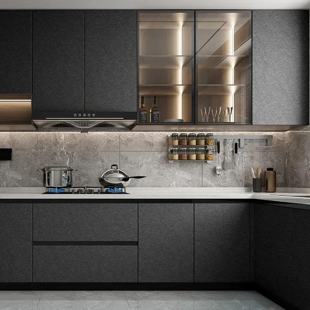 Silk Black Wallpaper Embossed Textured Self Adhesive Waterproof Vinyl Wallpaper Kitchen Cabinet Countertop Furniture Shelf Liner