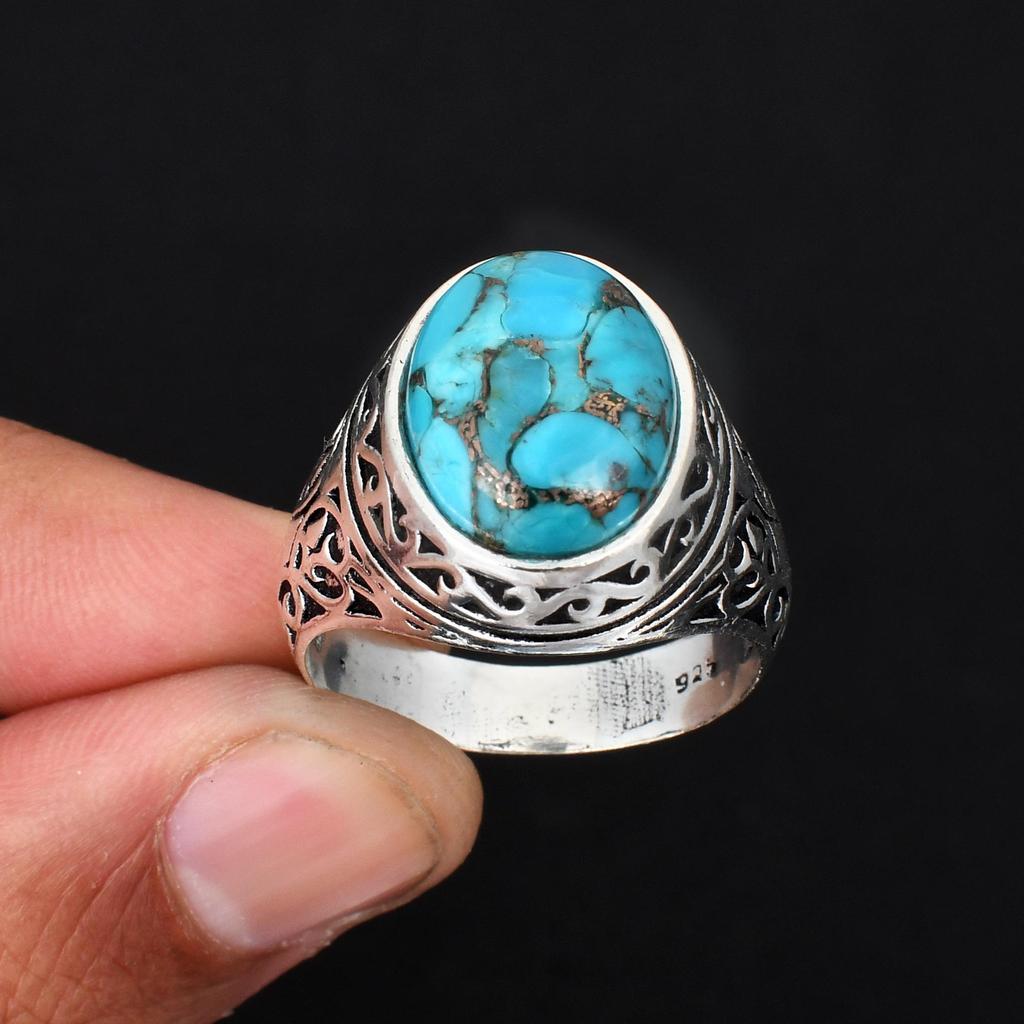 Vintage Herrring Turkos Ädelstensring Antik 925 Sterling Silver Filigran Design Bohemisk Punkstil Statement Smycke