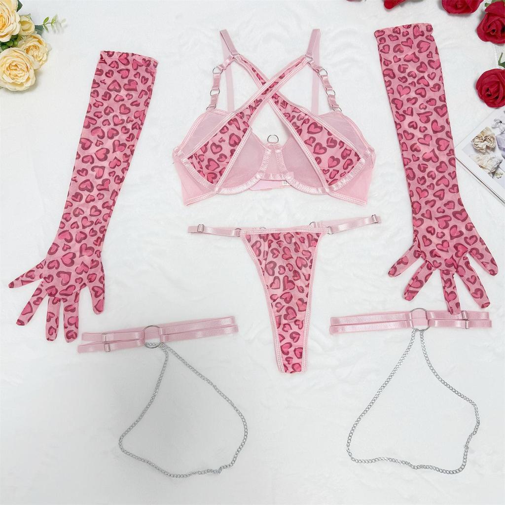 „Rosa Dessous-Set mit Leopardenmuster, Metallkette, Handschuhen und Beinring – ideales Geschenk zum Valentinstag“