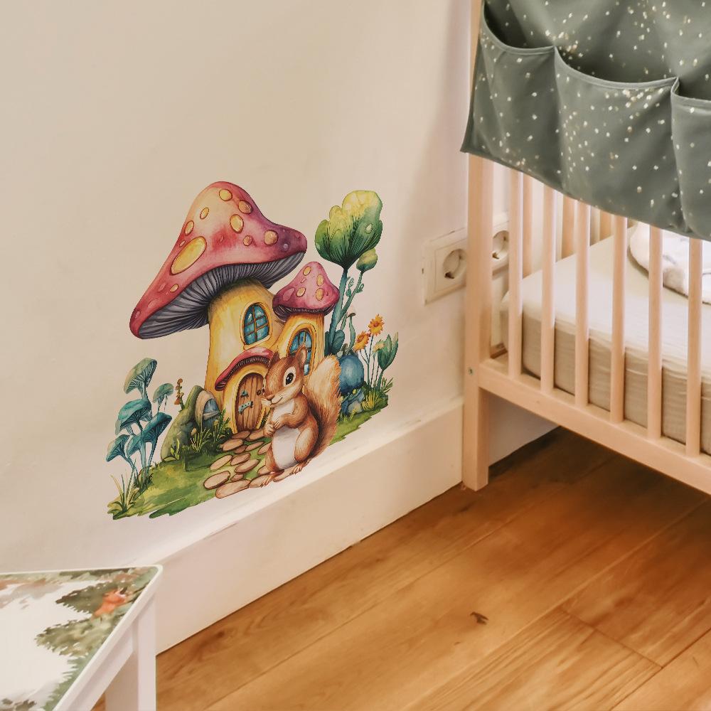 Mushroom House Squirrel Wall Sticker Self-Adhesive Removable for Bedroom Living Room Hallway Closet Dorm Home Decor Art