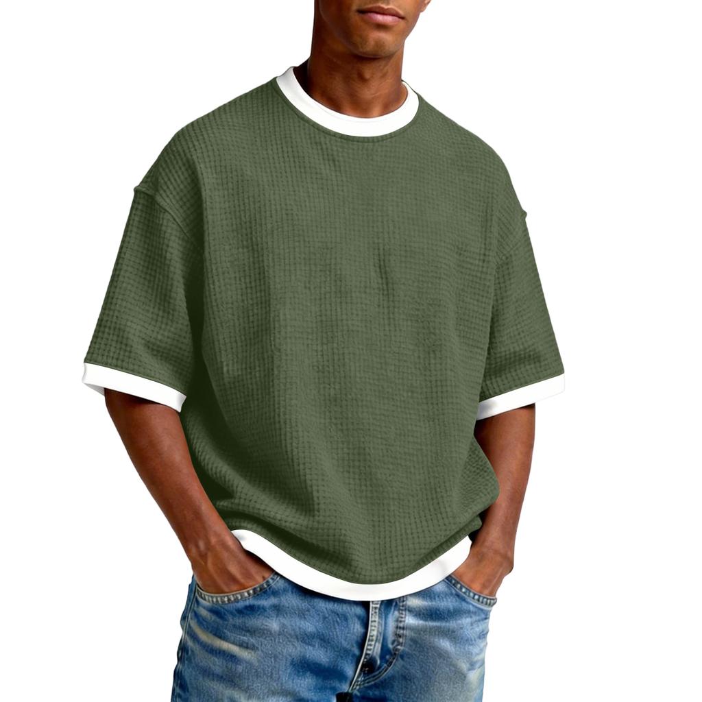 Camiseta Casual Masculina com Gola Redonda e Blocos de Cor - Moderna, Esportiva, de Corte Amplo, Versátil Roupa Masculina de Manga Curta