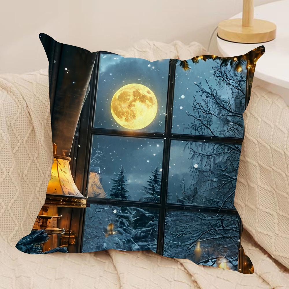 Christmas Window Snow Cushion Cover Silky Short Plush Invisible Zipper Dustproof Sofa Pillow Case For Home Decor