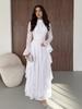 Otoño nuevo vestido largo de encaje elegante para mujer francesa mangas de cuerno mangas largas de encaje cintura