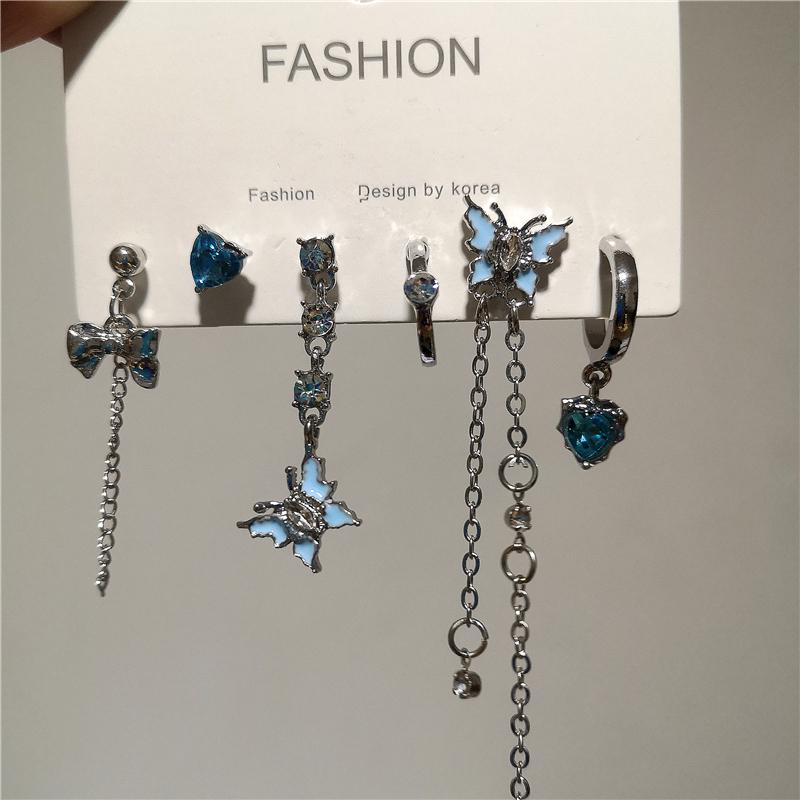 Goth Trendy Blue Crystal Heart Butterfly Tassel Chain Pendant Earring Set For Women Vintage Aesthetic Y2K Jewelry Accessories