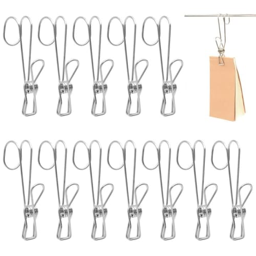 Stainless Steel Clothespins (12-Pack) with Hooks for Hat Hangers, Laundry Clips, Hangers, Clothes Drying Racks, Kitchen, Bathroom, Rust-Resistant, Non