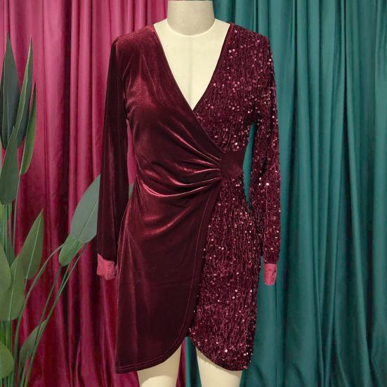 Dámské sametové mini šaty s flitry a zavinovacím efektem, dlouhý rukáv, výstřih do V, řasené, přiléhavé, třpytivé, na párty, koktejl, do klubu