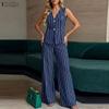 ZANZEA Women Sleeveless Vest Tops and Long Pants Casual Stripe Print Two Piece Sets