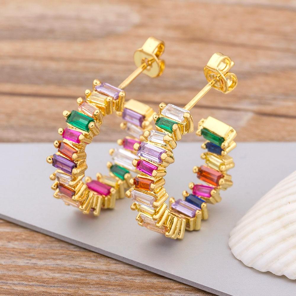 QIKU Hot Sale Colorful Micro Pave Copper Zircon Charm Women Bohemian Rainbow Crystal Stud Earrings Female Fashion Jewelry Gift