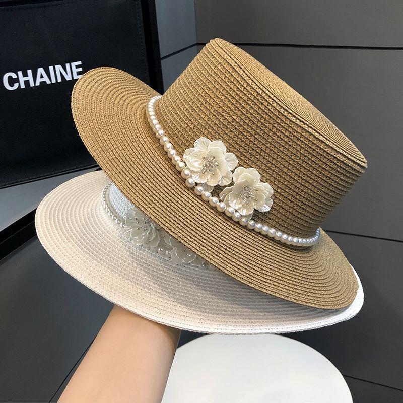 French British Retro Pearl Flat Top Straw Hat for Women, Elegant Wide Brim Summer Sun Cap, Beach Vacation UV Protection