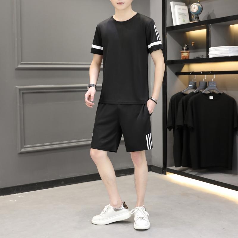 Summer Sports Suit For Men Solid Color Ice Silk Casual Loose Round Neck Short Sleeve Men's Sports Two-piece Summer Thin Suit